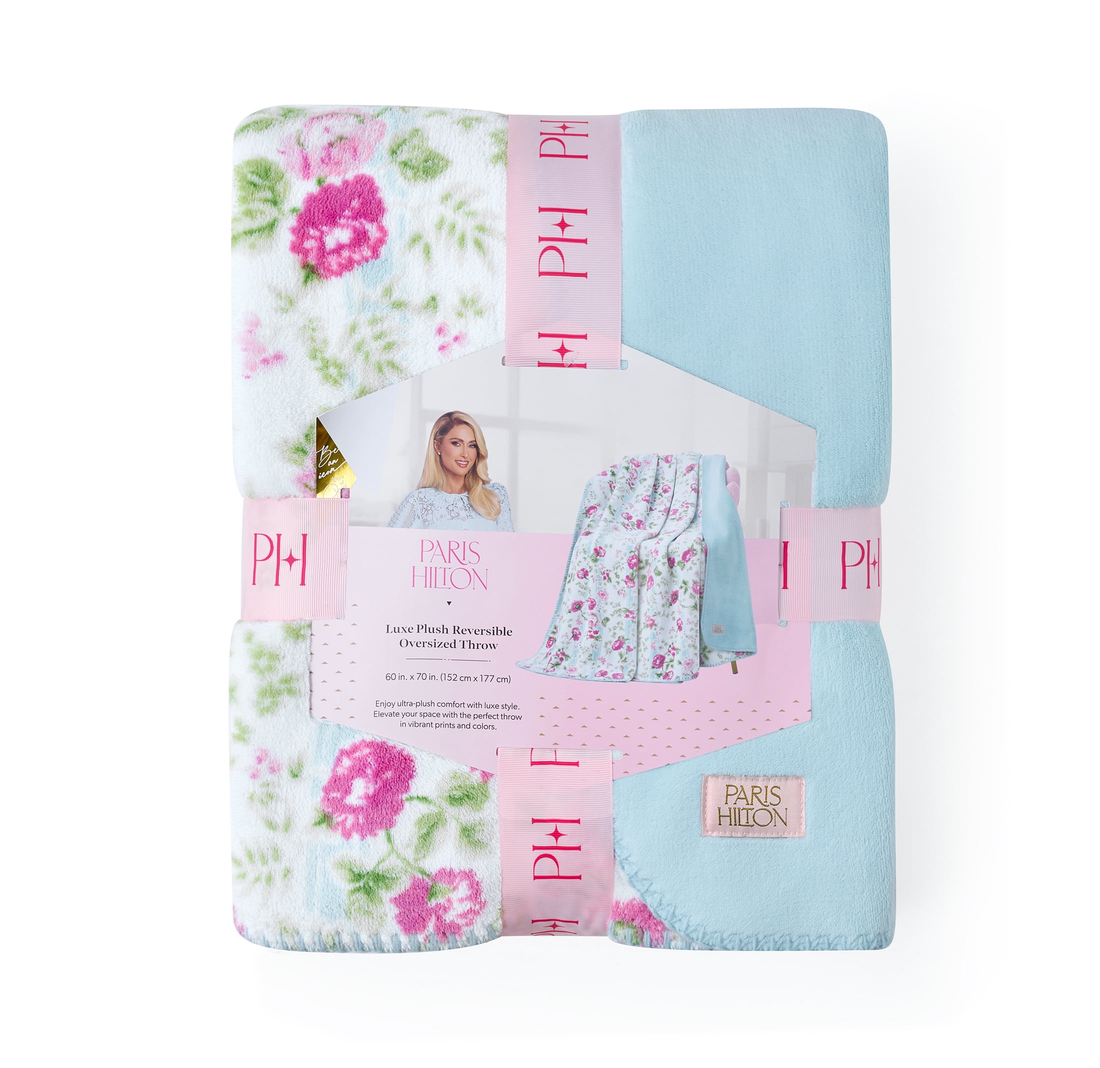 Paris Hilton Plush Throw Blanket, Reversible Fleece, 60" x 70", Blue Floral Stripe