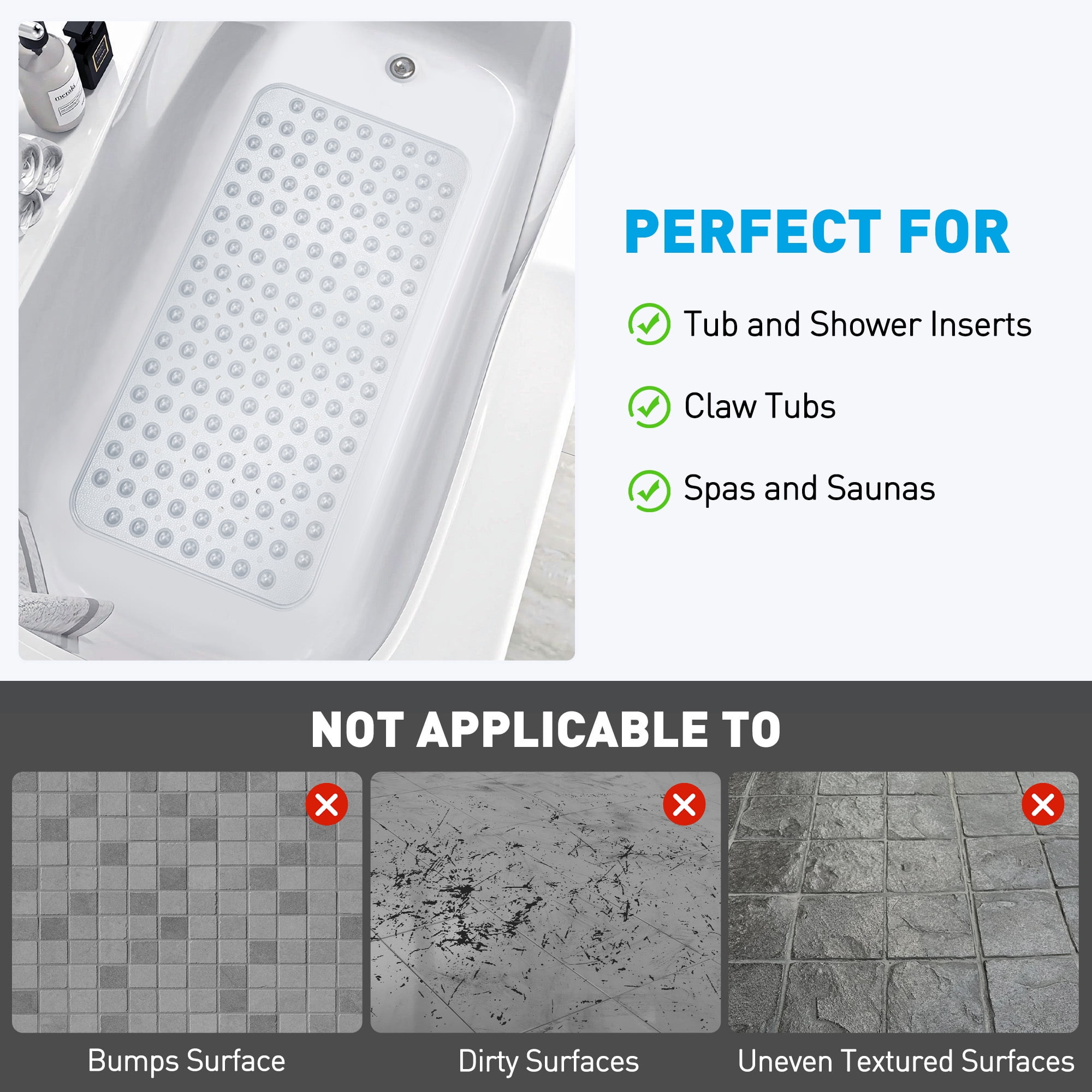 GPED BathTub Mat, Non-Slip Bath Mat, Machine Washable Shower Mat for Bathtub Floor Liner Mats with Suction Cups and Drain Holes, Clean and Soft on Feet, 27.6x15 Inch for Bathroom Floor, Clear