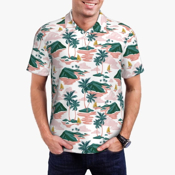 Balery Hawaii Palms Camisa Polo de Hombre con Estampado, de Manga Corta y Tejido Medio, Camisa Tipo Golf Polo-Medium
