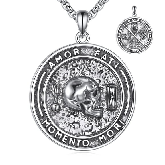 Memento Mori Necklace 925 Sterling Silver Momento Mori Pendant Necklace Amor Fati Skull Stoic Coin Jewelry Gifts for Men Women