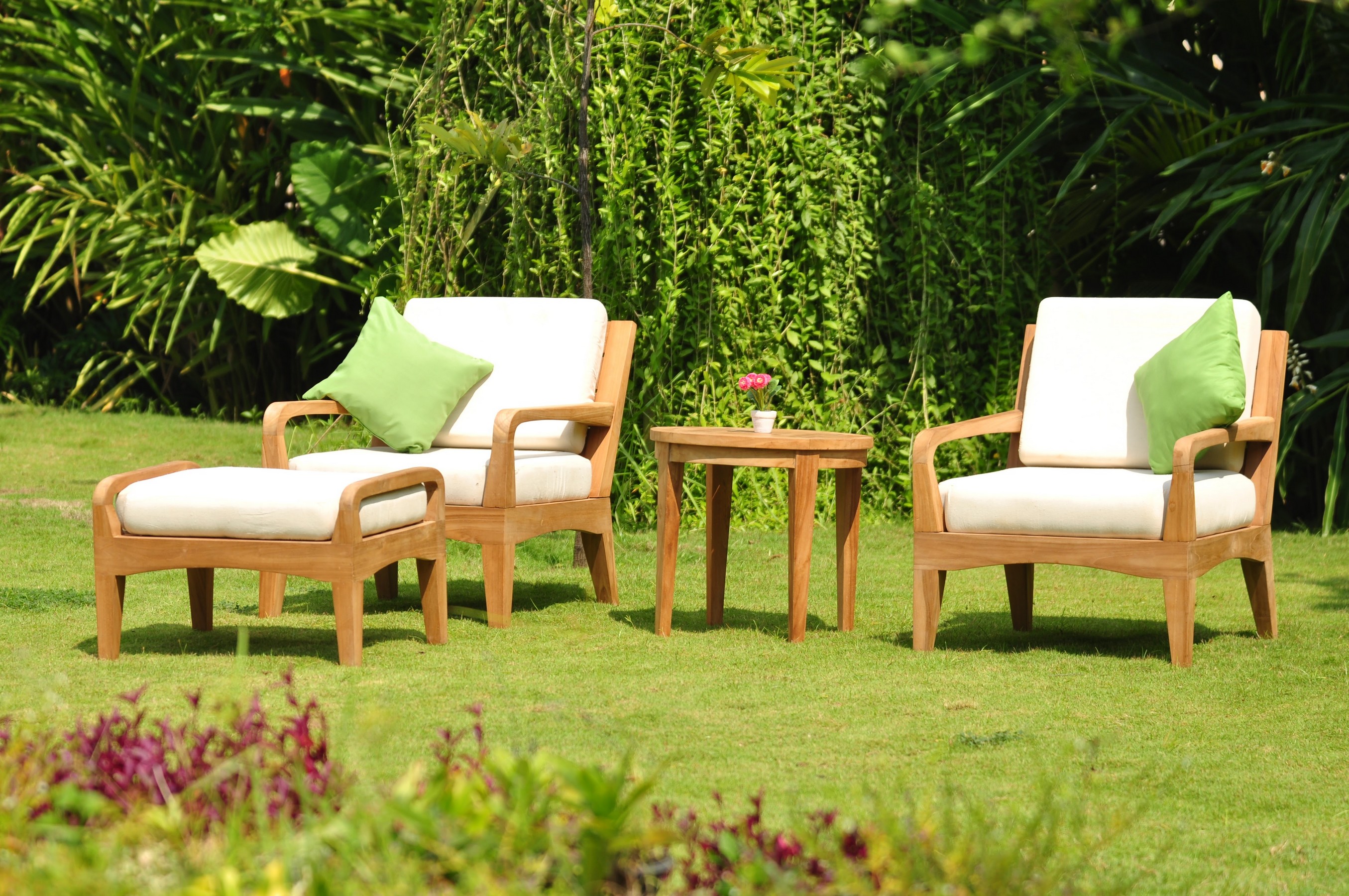 WholesaleTeak Outdoor Patio Grade-A Teak Wood 4 Piece Teak Sofa Lounge Chair Set - 2 Lounge Chairs, 1 Ottoman And 1 Round End Table - Furniture only - Noida COLLECTION #WMSSNO4 - image 1 of 2