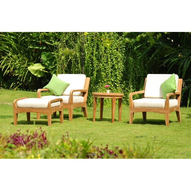 WholesaleTeak Outdoor Patio Grade-A Teak Wood 4 Piece Teak Sofa Lounge Chair Set - 2 Lounge Chairs, 1 Ottoman And 1 Round End Table - Furniture only - Noida COLLECTION #WMSSNO4