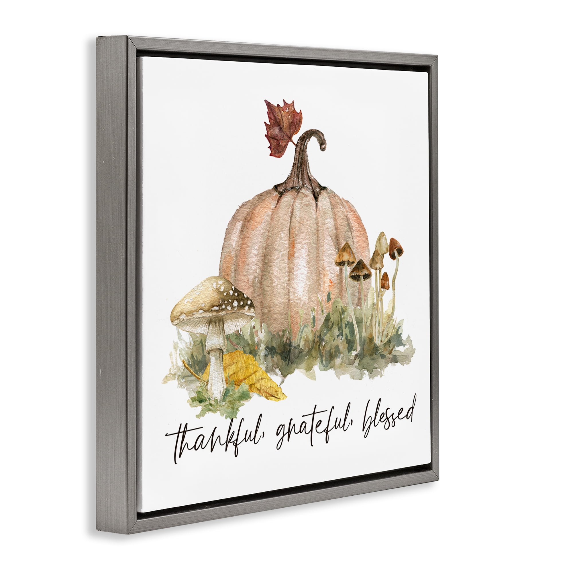 Stupell Industries Thankful Pumpkin & Mushrooms Botanical & Floral Painting Gray Floater Framed Canvas Art Prints Wall Art, 18 x 18