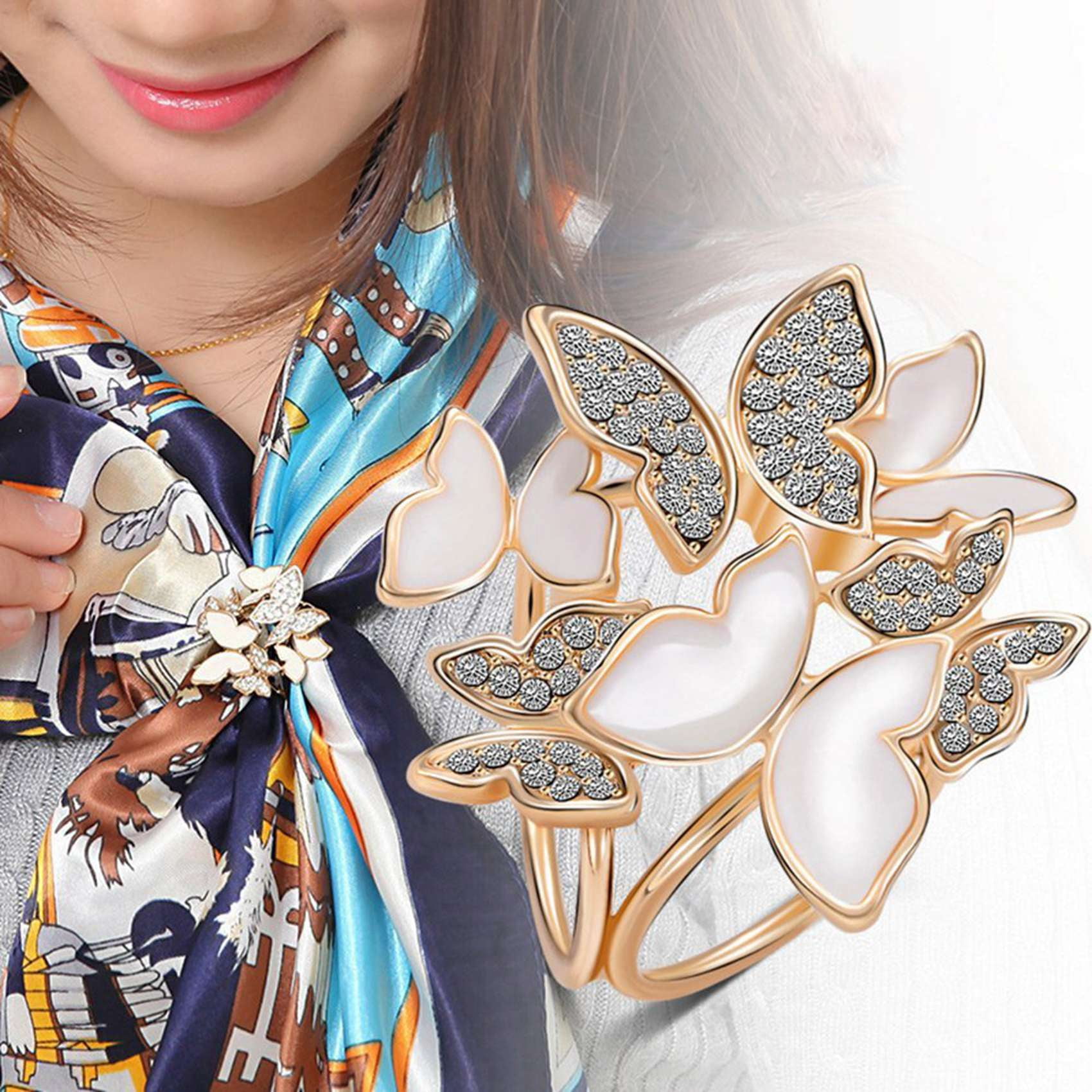 Elegant 3 Rings Butterfly Scarf Ring Silk Scarf Buckle Clip with Natural Shell Flower Glass Crystal Brooch Gold