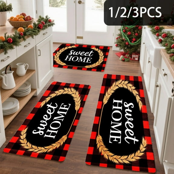 3PCS Kitchen Mat set, Welcome Door Flannel Rug,Home Decor for Front Door,Kitchen, Bathroom, Sweet Home Black Red Plaid ,Great gift for Family and Friends.
