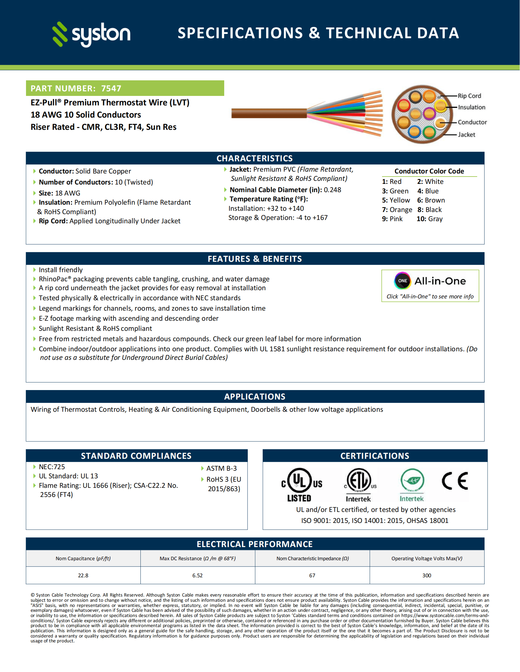 Syston 18/10 Thermostat Doorbell HVAC Heating Control Cable Wire, 100% Solid Copper Conductors CL3R/FT4/CMR Riser-Rated UL/ETL Listed, UV Resistant RoHS for Indoor/Outdoor Low Voltage Application Use