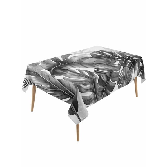 Grey Black Leaves Rectangle Tablecloth, Summer Botanical Watercolor Leaf Waterproof & StainResistant Tablecloth, Washable Oil-proof Table Cover for Dining/Party/Wedding/Camping/Buffet 60x120 In
