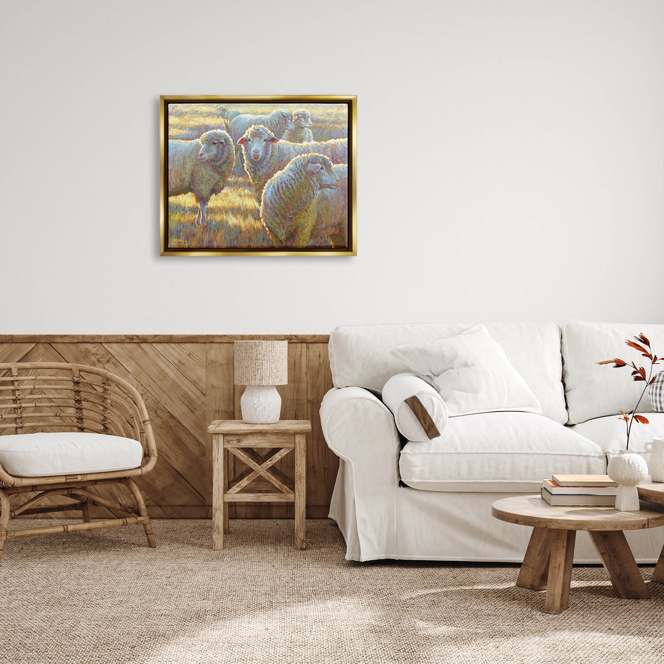 Sheep Herd Grazing Grassland Animals & Insects Painting Metallic Gold Framed Art Print Wall Art