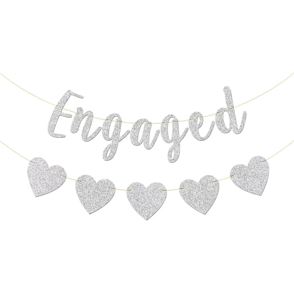 Silver Glitter Engaged Banner with Heart Cutouts, Engagement Party Wedding Proposal Wall Hanging Decor