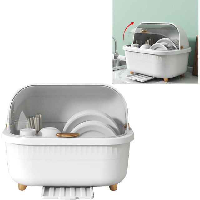 Yazoeia Dish Drying Rack, Multifunctional Space Saving Dish Drying Box Drying Rack Dish Bowl Drying Box Dish Rack with Cover Dish Drying Rack with Cover with Lid Cover for Kitchen (White)