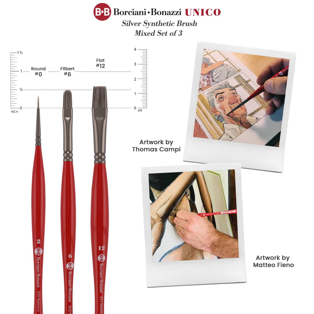 Borciani e Bonazzi Unico Silver Synthetic Paint Brush Set of 3, Assorted Shape - Medium Handle Paintbrush Handcrafted in Italy, Cruelty-Free, Acrylic, Oil, Watercolor