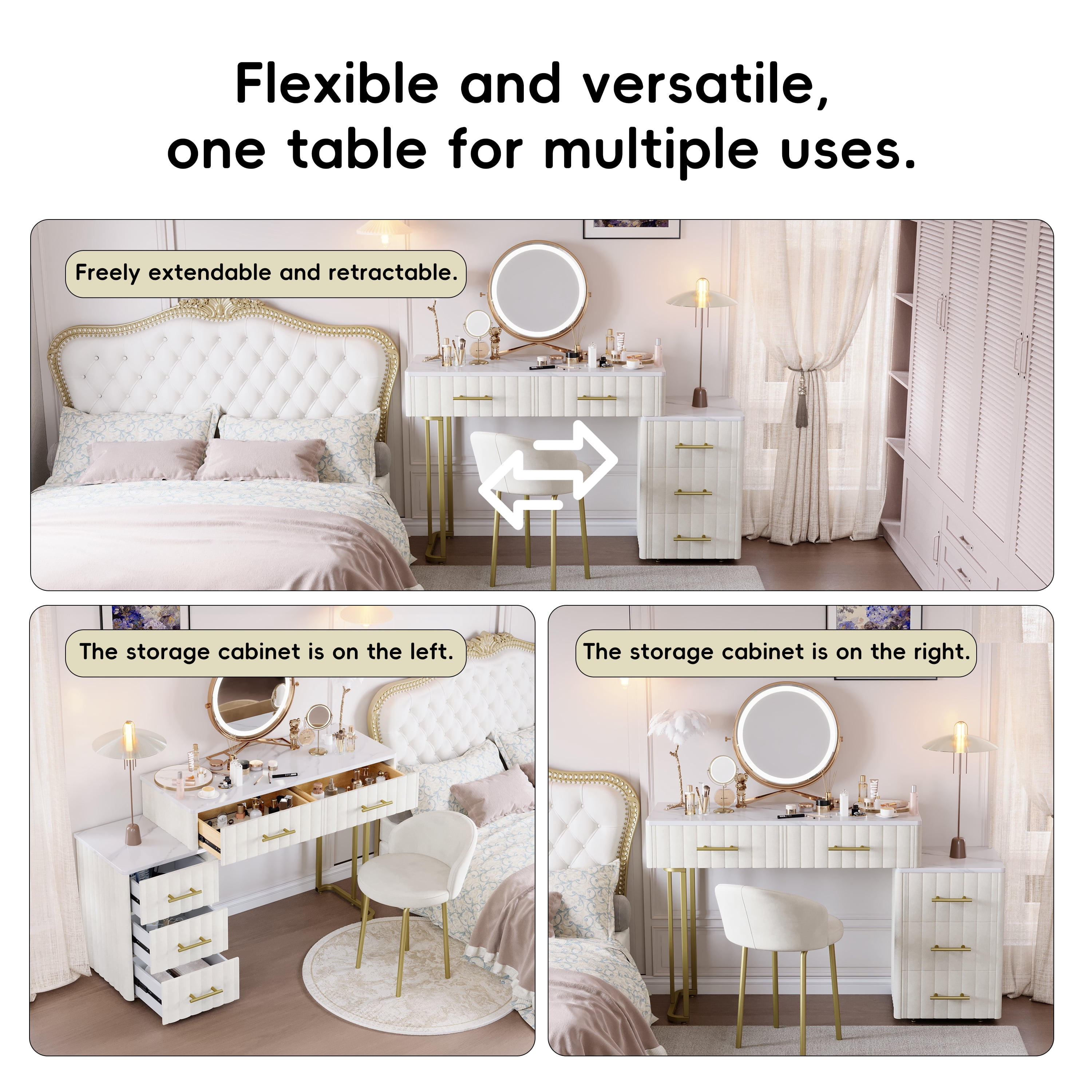 Euroco Upholstered Vanity Desk with Chair, Adjustable 5-Drawer Storage, Marble-Look Top & Gold Legs – 55” Makeup Table with Velvet Finish for Bedroom or Dressing Room