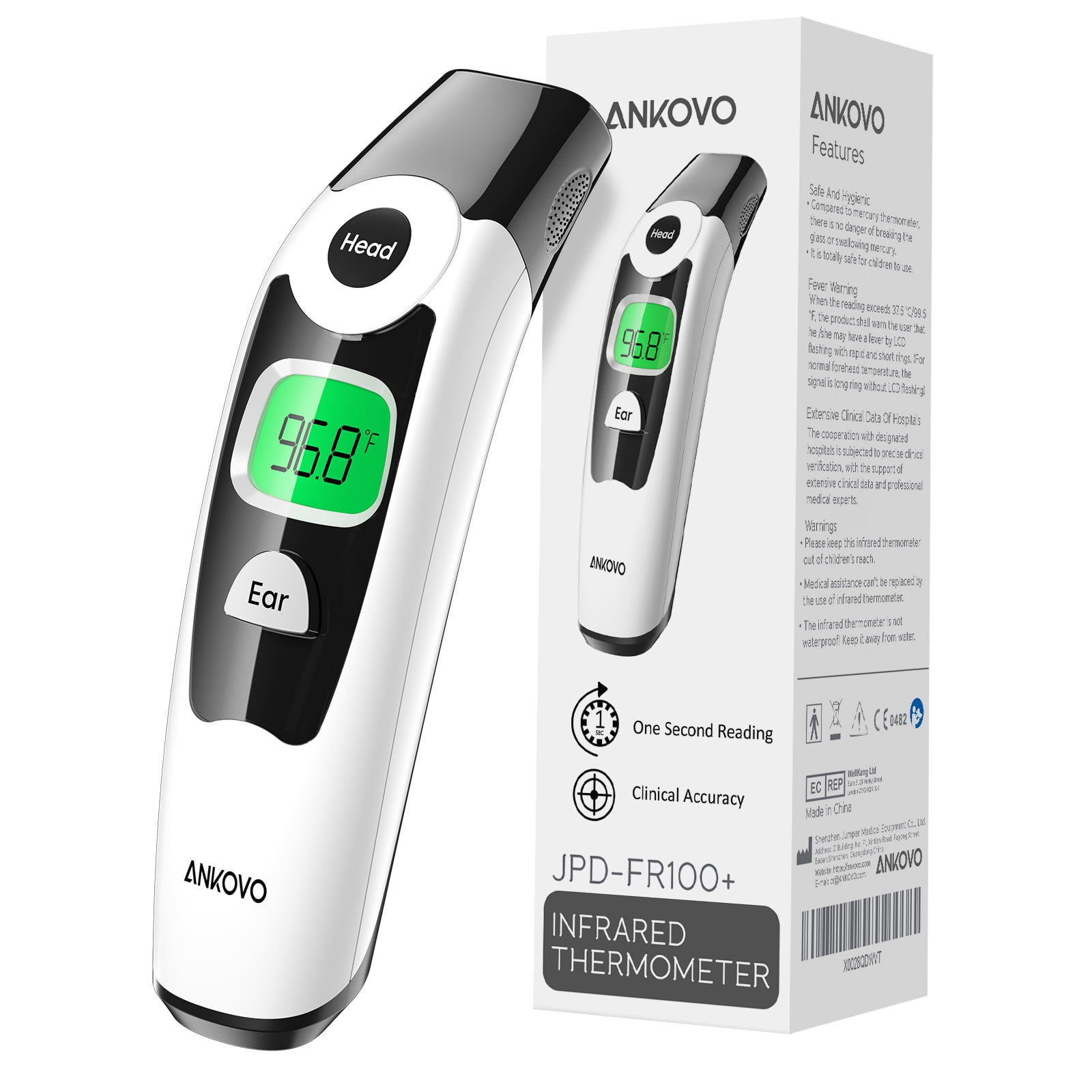 ANKOVO Digital Infrared Thermometer for Adults Forehead and Ear- Fever Alarm，Medical Thermometerfor Adults Kids and Babies，Readings Memory Recall，Color Temperature Indicator