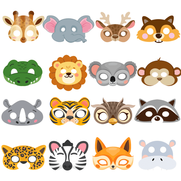 Jungle Animal Masks, 16 Pcs Kids Colorful Animal Face Masks Set for Jungle Party Decorations Supplies