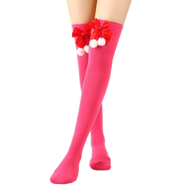Calcetines largos hasta la rodilla para mujer, lisos, con lazo navideño y bola, cálidos, para mujer