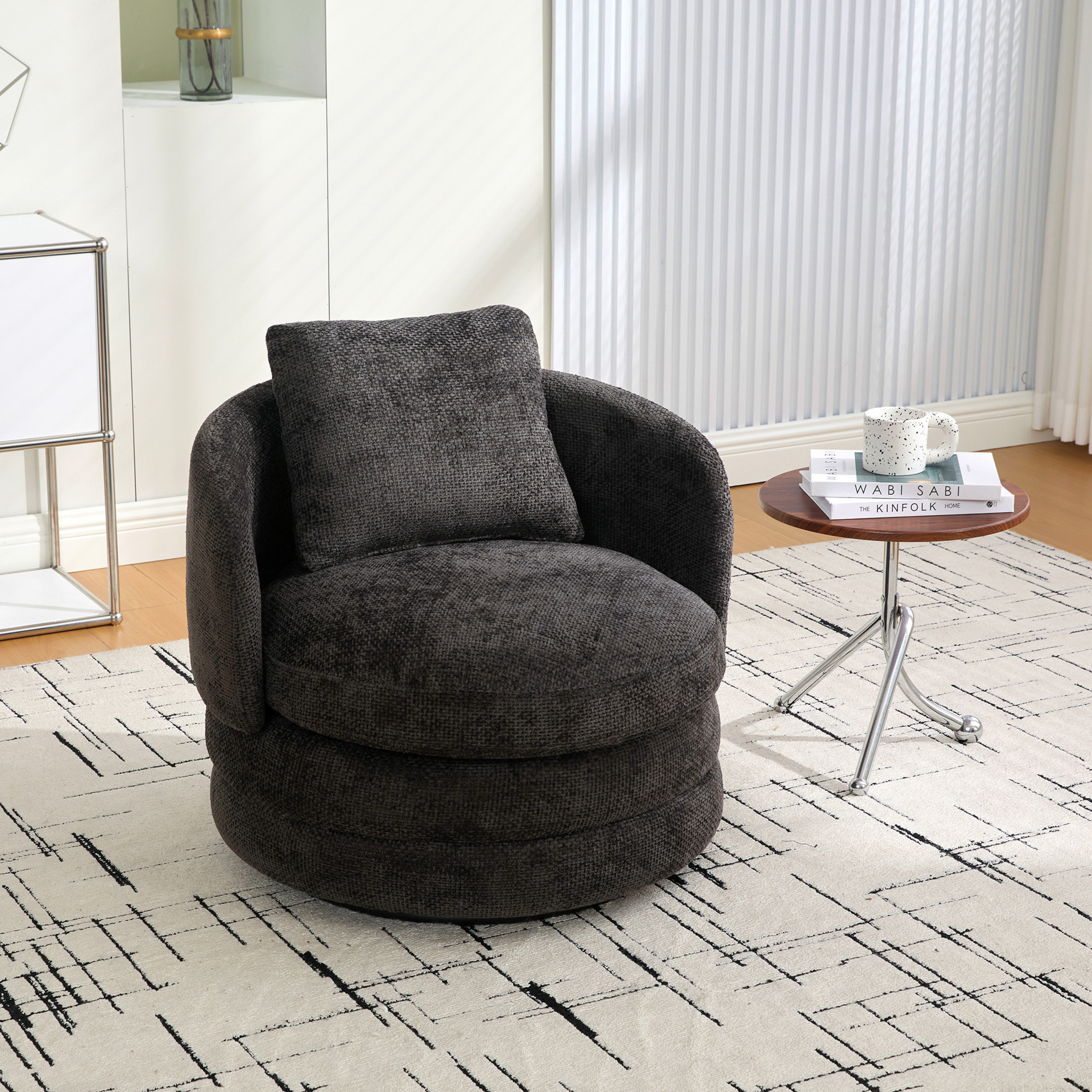 Noble House Norlyn 30" Chenille Swivel Barrel Accent Chair, 360° Comfy Lounge Reading Armchair with Pillow, Dark Gray