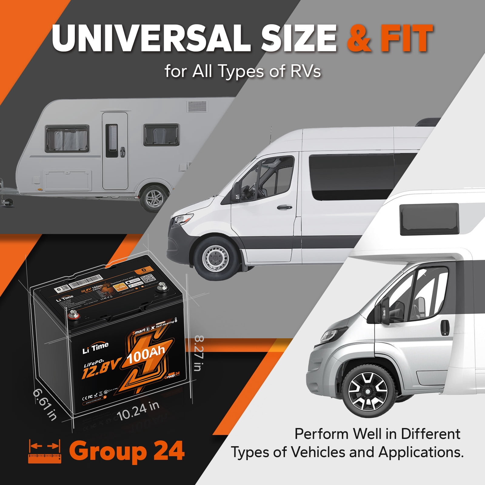 LiTime 12V 100Ah Group 24 Bluetooth LiFePO4 Lithium Deep Cycle Battery with Self Heating