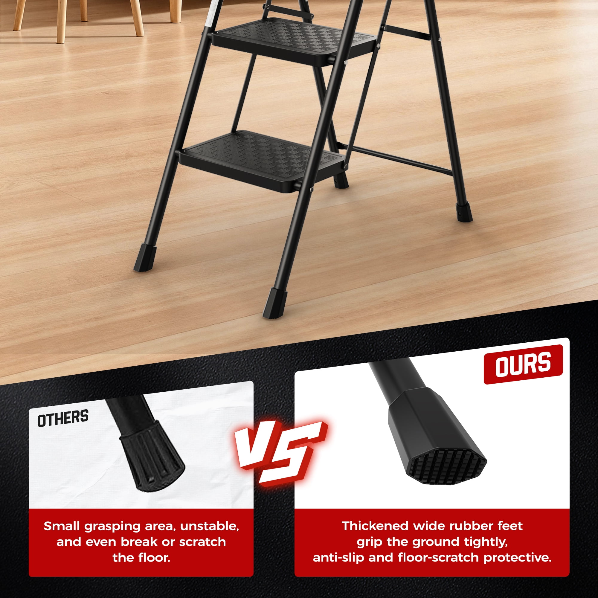 LevLad 3 Step Ladder, Folding Step Stool with Anti-Slip Pedal, Sturdy Steel Ladder, Convenient Handrail, Lightweight, Portable, Black