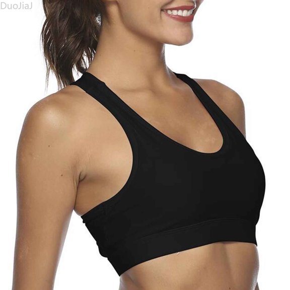 DuoJiaJ Womens Yoga Sports Bra, Racerback with Pocket Athletic Top Black L