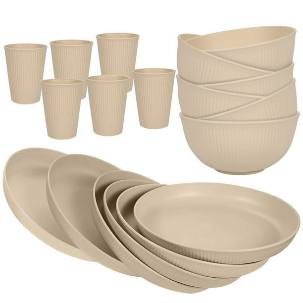 XmhyTop-A Juego de 18 platos llanos, Vajilla para comidas familiares, vajilla de cocina de paja de trigo, para 6 personas, color caqui