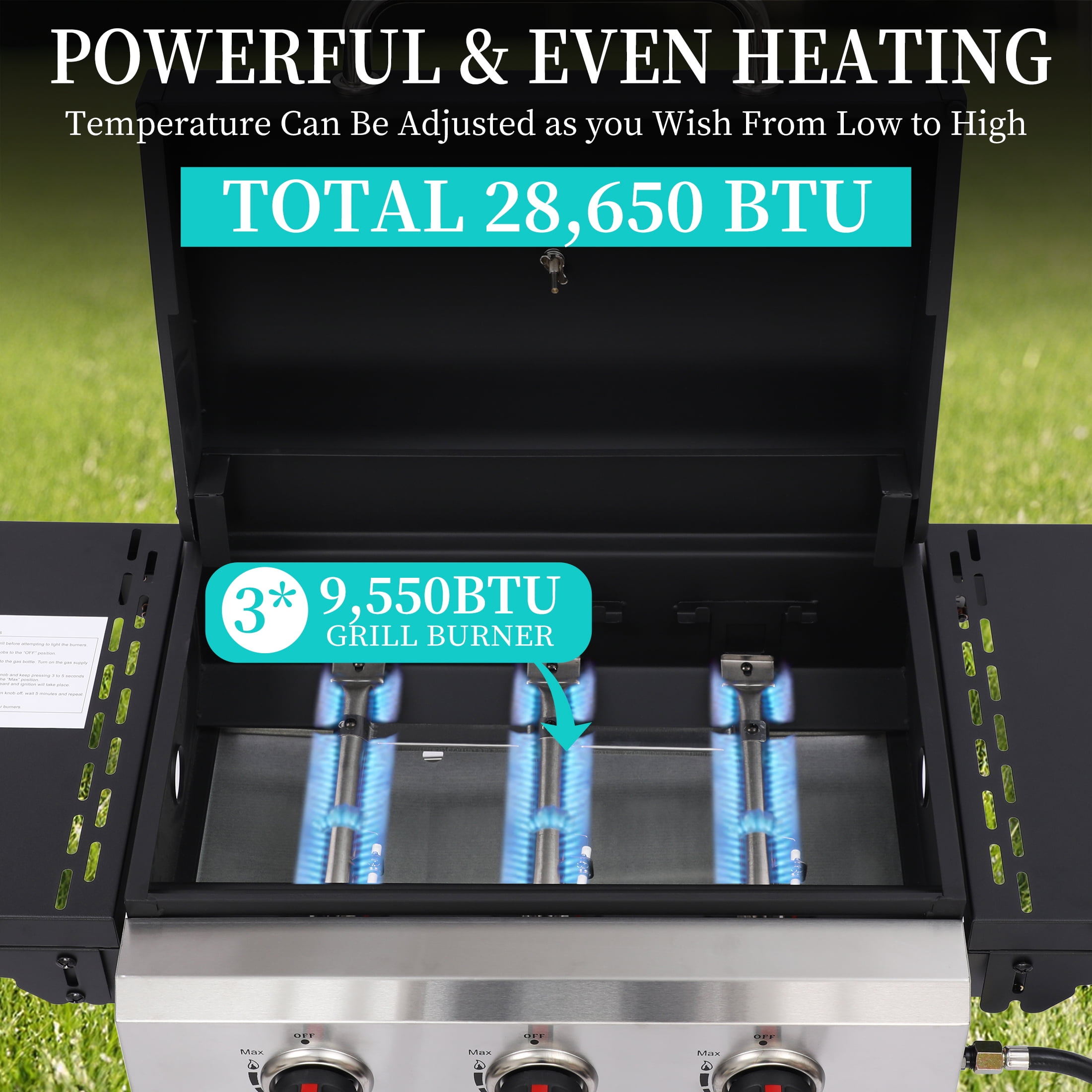 Garden It 3-Burner Propane Gas Grill, 30,000 BTU Portable BBQ with Foldable Side Table, Cast Iron Grates & Regulator for Outdoor Camping Backyard