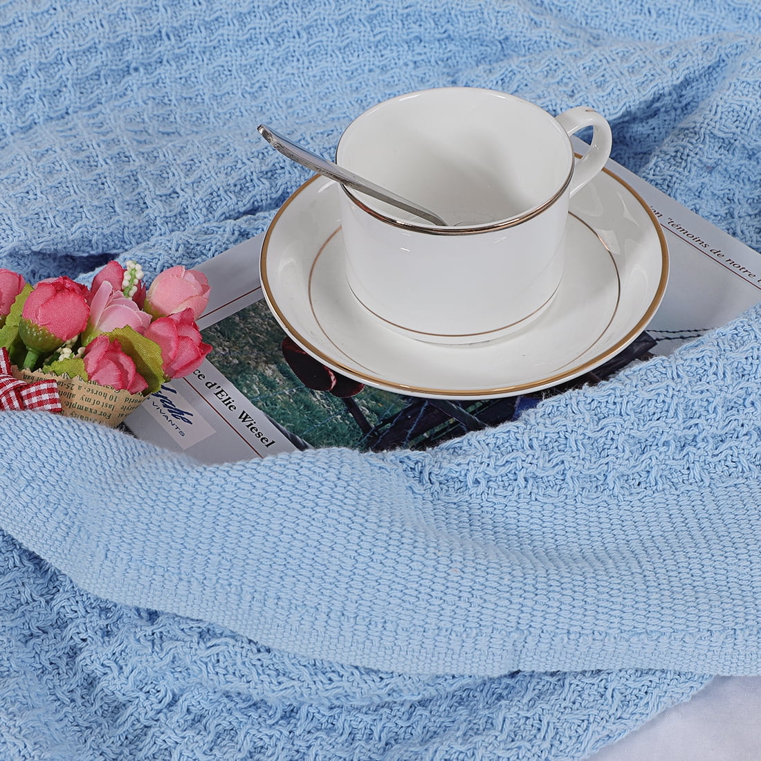 Unique Bargains Cotton Waffle Weave Bed Throw Blanket Sky Blue 90" x 90"
