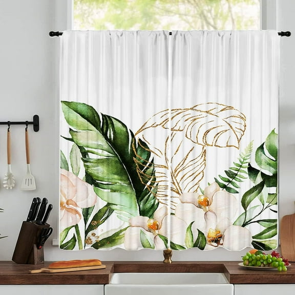 Green Leaves Kitchen Curtains 27.5Wx36H Inch Rod Pocket Small Curtains for Bedroom Room Green Watercolor Leaf Plants Floral Window Treatments Decorative for Living Room 2 Panels
