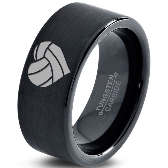 Tungsten Heart Shaped Volleyball Ball Band Ring 9mm Men Women Comfort Fit Black Flat Cut Brushed Polished