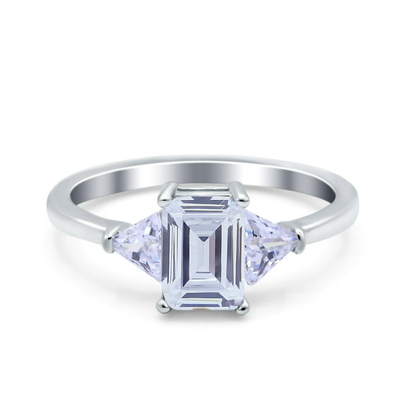 Simulated Cubic Zirconia Size-5 Emerald Cut Three Stone Art Deco Wedding Engagement Bridal Ring 925 Sterling Silver