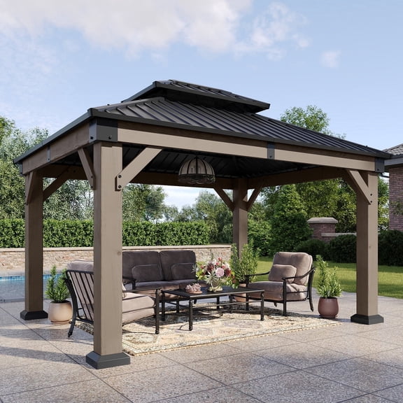 Clouddwell 10' x 12' Outdoor Wood Gazebo, Hardtop Gazebo Permanent Wooden Pavilion with Galvanized Steel Double Roof, for Patio, Garden, Deck, Cedar Wood