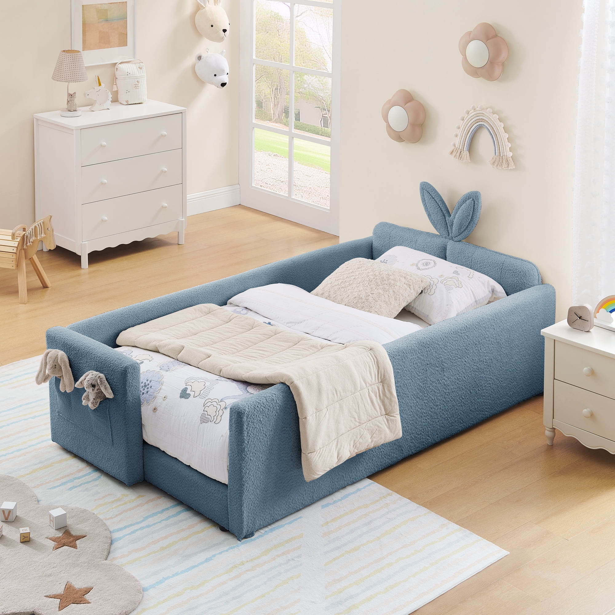 GARITIN Twin Size Upholstered Platform Bed, Rabbit Ear Shaped Headboard with Safety Rail and Pocket for Kids Room, Sky Blue