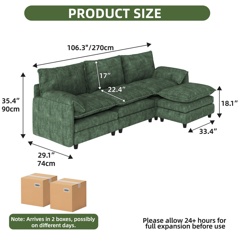 Uforic Sectional Sofa with Ottoman, 108" L Shape Modern 4 Seat Cloud Couch with Pillow-Armrest,Green