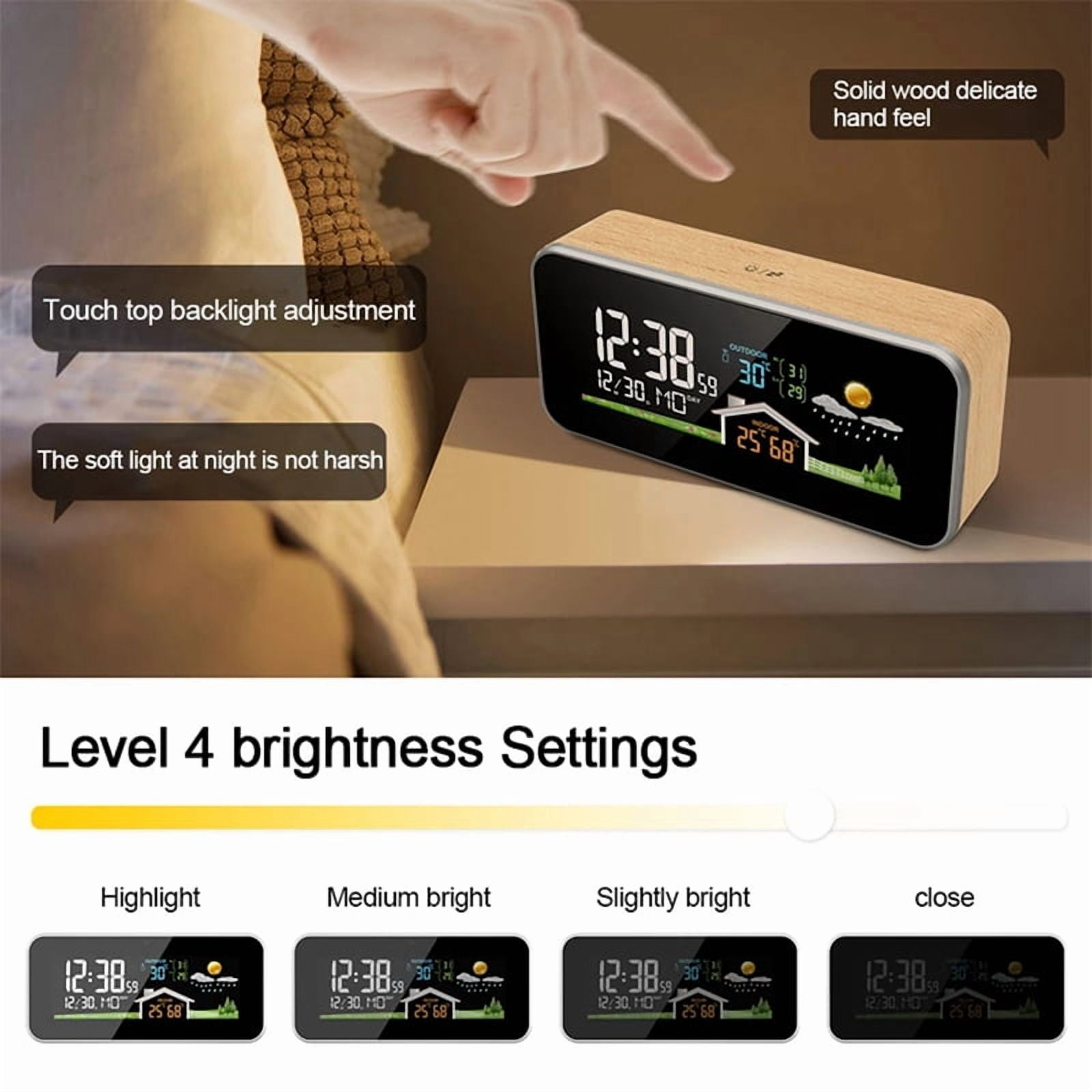 Wireless Weather Station Wooden Alarm Clock Digital Thermometer Humidity Temperature Wireless Sensor Home Desktop Watch