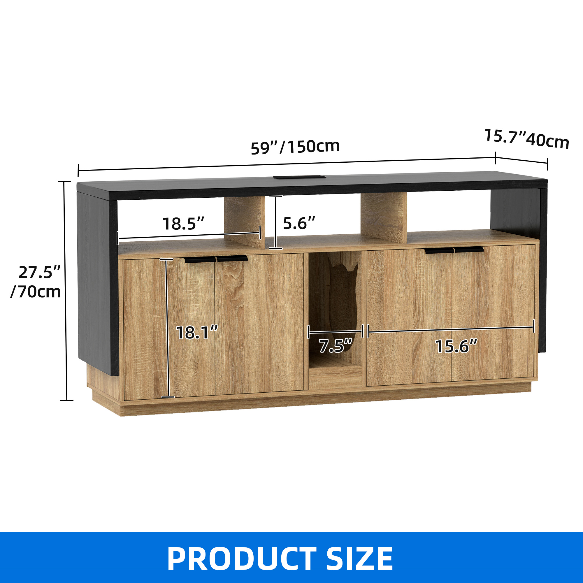 Dextrus Cat Litter Box Enclosure for 2 Cats, Wooden Long Cat Litter Box Enclosure with Power Outlet & LED Light, Double Rooms - Oak Brown
