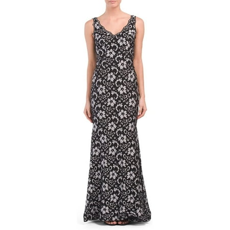 Xscape Long Lace V-Neck Gown Dress, Black/Silver - 10