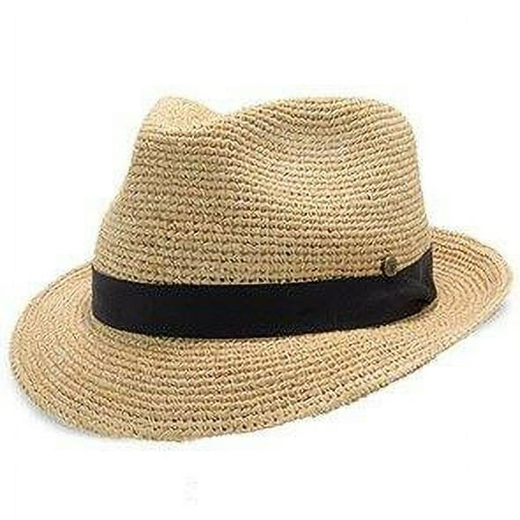 Walrus Hats Cast Away Crocheted Raffia Straw Fedora Hat – Lightweight Summer Hat for Men & Women – 100% Straw w/Hat Black Band, Elastic Sweatband & Signature Pin