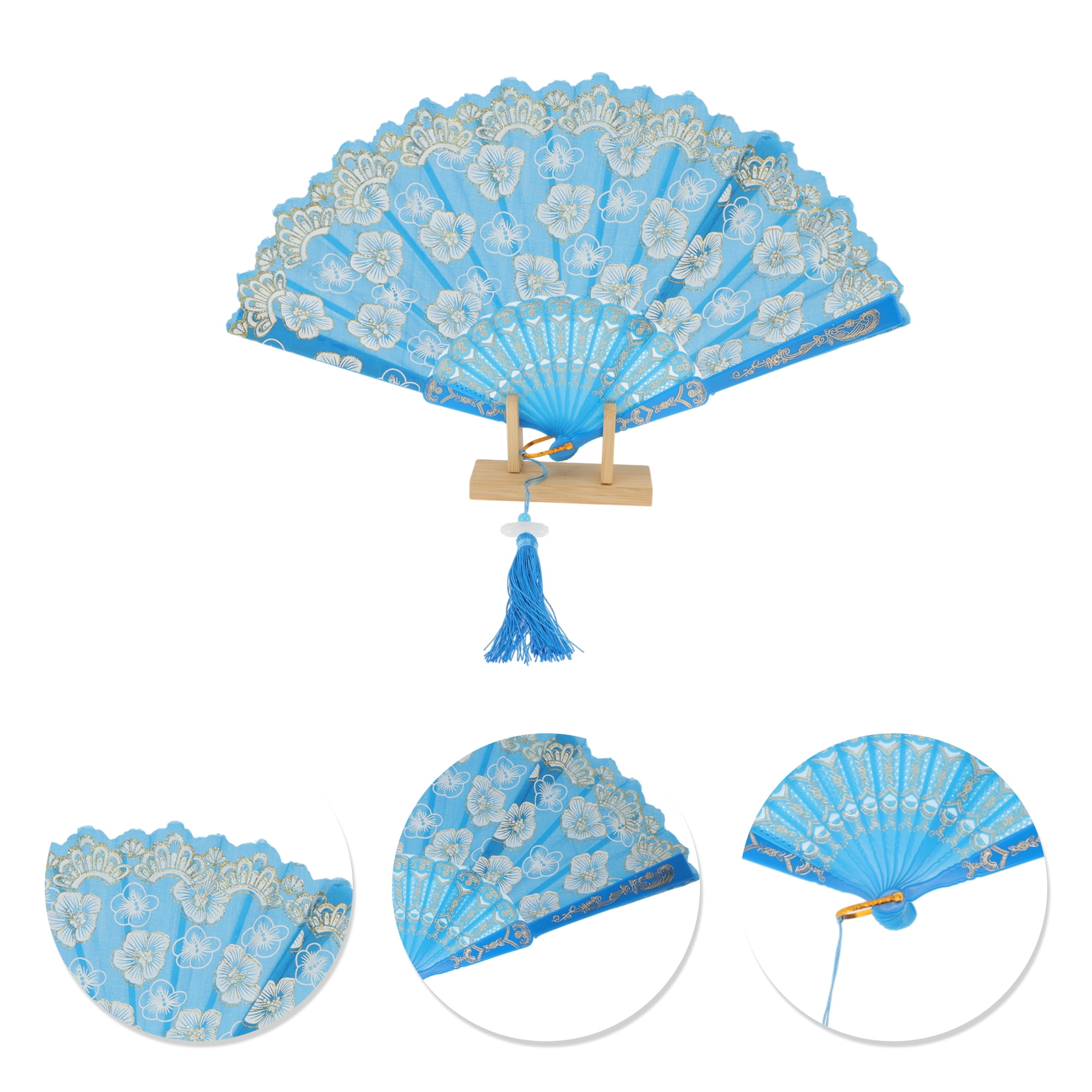 Unique Bargains Elegant Cherry Blossom With Tassel Folding Fan 1 Pc Sky Blue