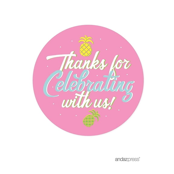 Birthday Round Circle Party Favor Gift Labels, Thank You for Celebrating With Us! Pink Flamingo Party, 40-Pack