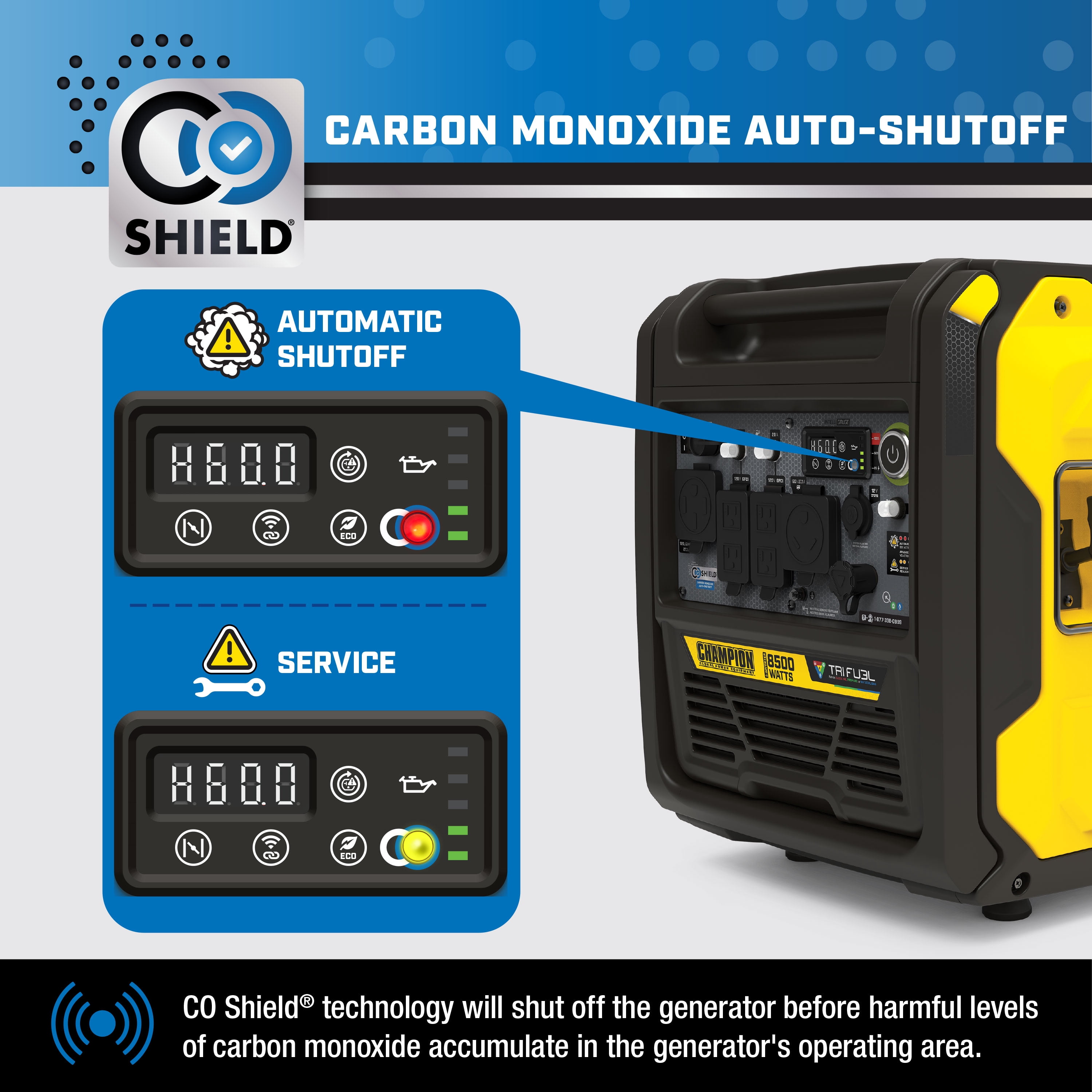 Champion Power Equipment 8500-Watt Wireless Remote Start Tri Fuel Ultra Quiet RV Ready Portable Inverter Generator with StartLINK and CO Shield