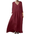 thumbnail image 3 of Oksale Cotton Linen Dress for Women with Pockets Loose Fit Full Length Dresses Casual V Neck Dress Loose Long Sleeve Fall Dress Wine XL, 3 of 8