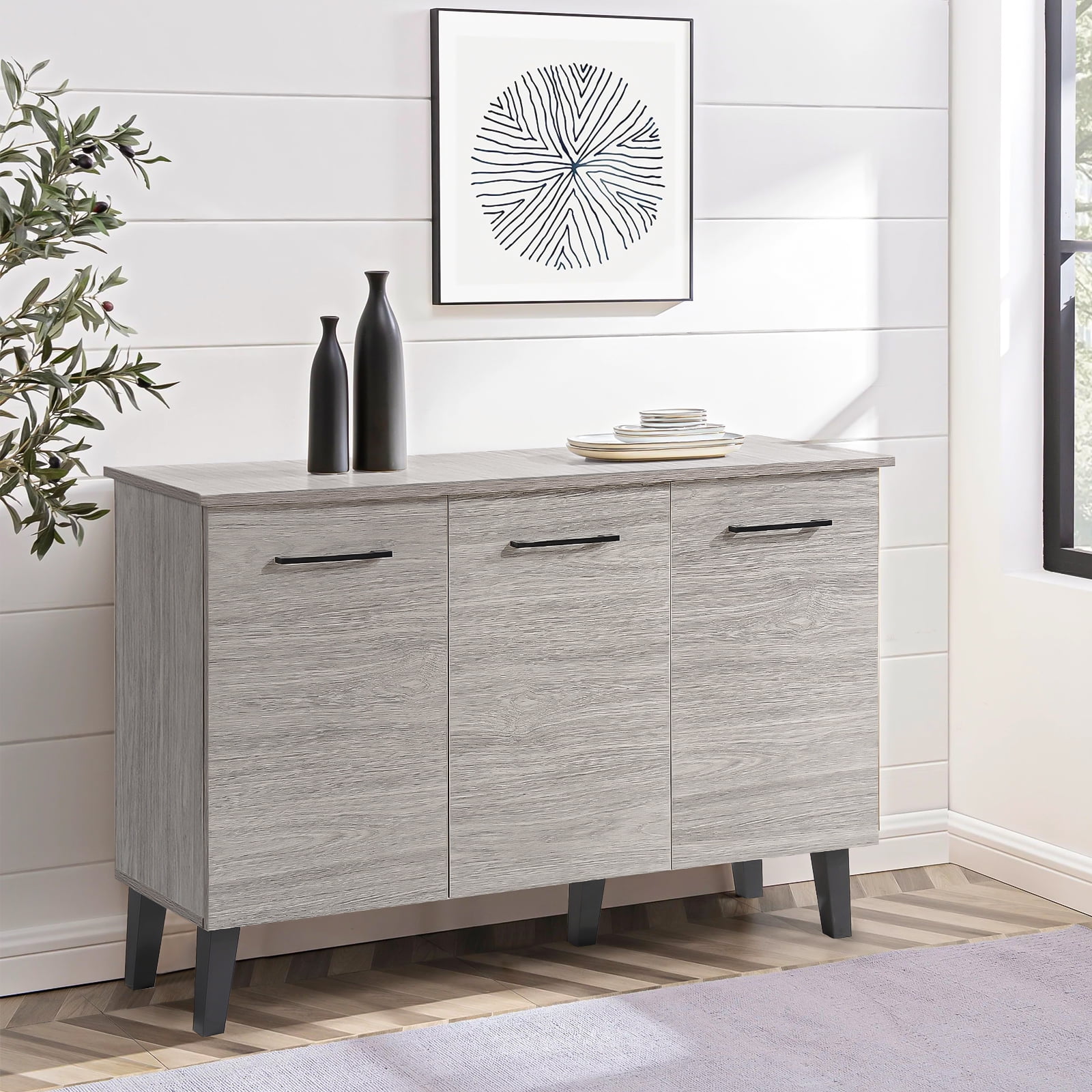 Kadyn Modern Fiberboard Multipurpose Sideboard, Fiberboard Sideboard Buffet Cabinet for Living Room Kitchen, Mid-century Storage Cabinet, Plaid Grey Oak