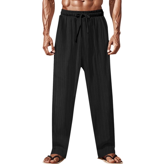 Pantalones largos de verano para hombre, casuales, de moda, de color sólido, con cordón y cintura elástica.