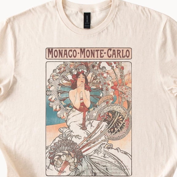 Kiraa Tee With Art Nouveau Monaco Monte Carlo Poster Graphic On Natural Color Cotton Shirt Elegant French Travel Design Tee Birthday Gifts; For Men & Women