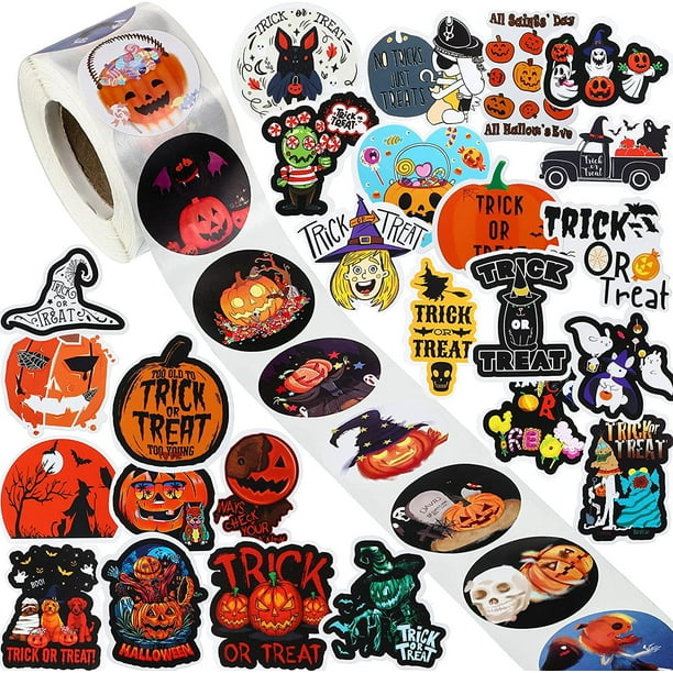 Cossari 50 Pieces Halloween Stickers and 1 Roll of 500 Pieces Halloween  Decoration Sticker Pumpkin Skeleton Trick or Treat Decal Sticker Roll Vinyl  Waterproof Halloween Decal for Halloween Party Favor 