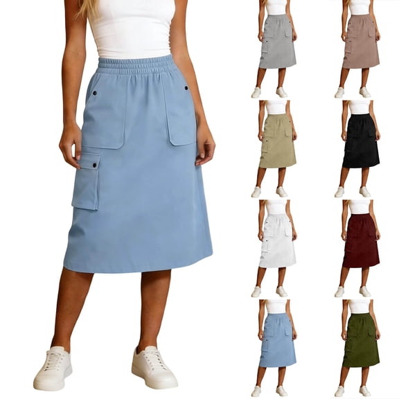 DHFJKG Womens Cargo Skirts Elastic Waist Utility Loose Fit A Line Mini Skirts With Multi Pockets Stylish Skirt