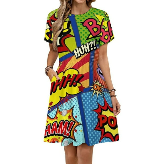 Colorful Comic Book Panels Dress Fashion Beach Short Sleeve Dresses Female Party Printed Sundress