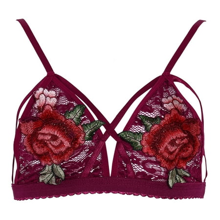 

Women Rose Embroidery Strappy Bralette for Cross Bandage Thick Hollow Out Underwear
