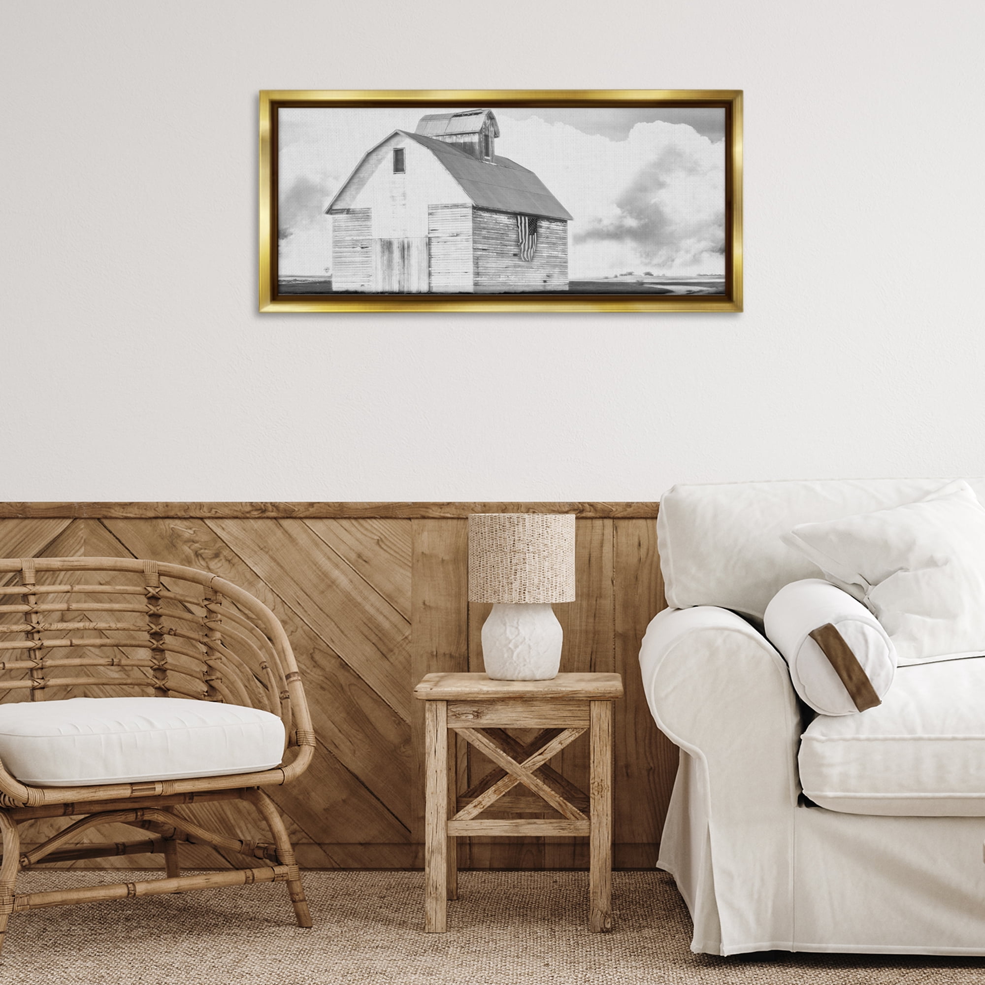 Stupell Industries USA Flag on Barn Patriotic Painting Gold Floater Framed Canvas Art Print Wall Art, 31 x 14