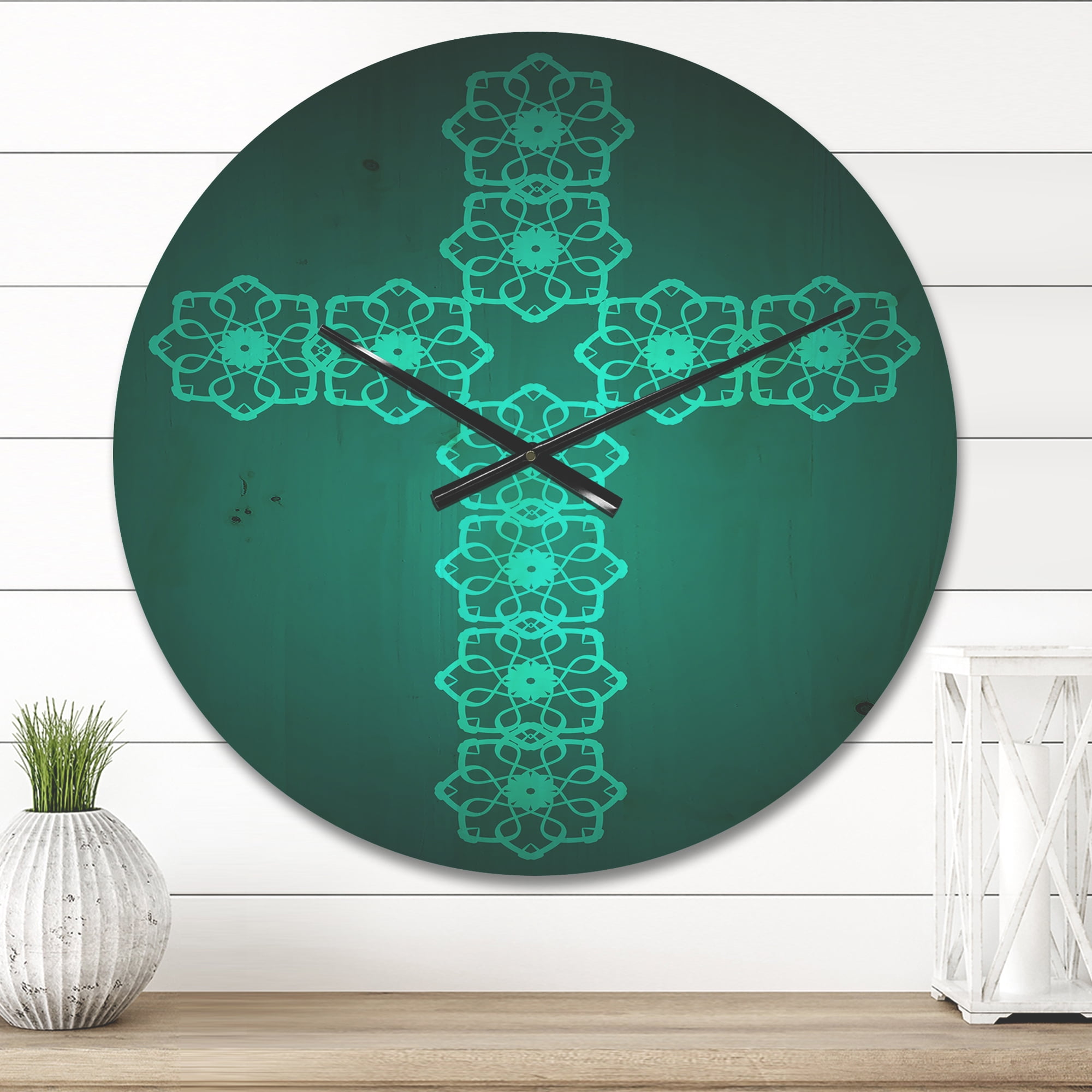 Designart 'Turquoise Pattern Holy Cross ' Modern Wood Wall Clock