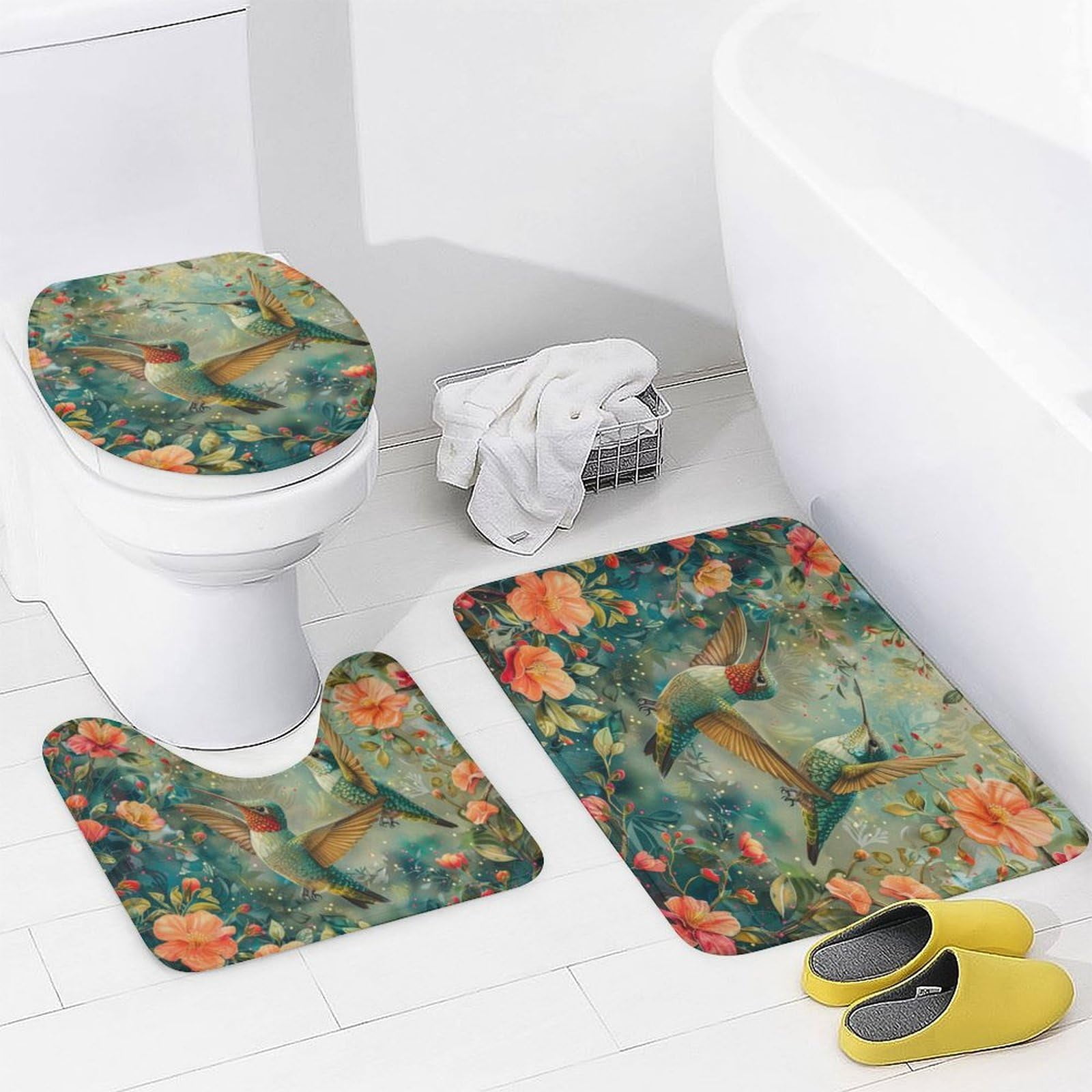 4Pcs Rustic Floral Hummingbird Shower Curtain Sets, Bathroom Decor Set with Rugs, Bath Mat Classic Asian Nature Botanical Shower Curtain, 72 X 72 Inch